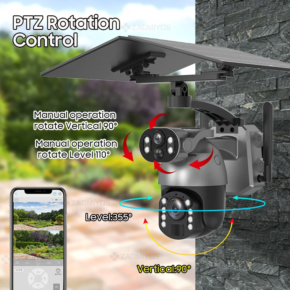 Caméra solaire 10 MP, zoom x50, double objectif, 4G, SIM, WIFI, surveillance extérieure, PTZ, détection humaine, enregistrement, vision nocturne