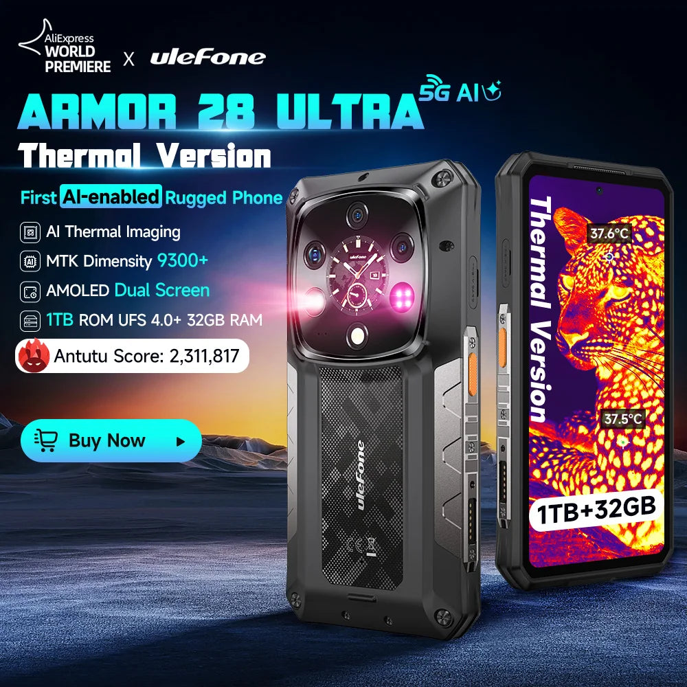 Teléfono robusto Ulefone Armor 28 Ultra 5G con imagen térmica por IA, Dimensity 9300+, 1 TB de ROM, 32 GB de RAM, Android, AMOLED