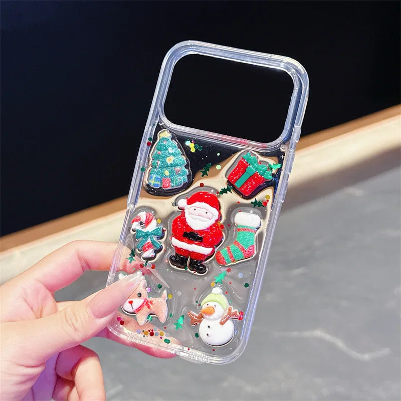 Funda para iPhone con purpurina y pegamento en forma de gota navideña con dibujos animados en 3D