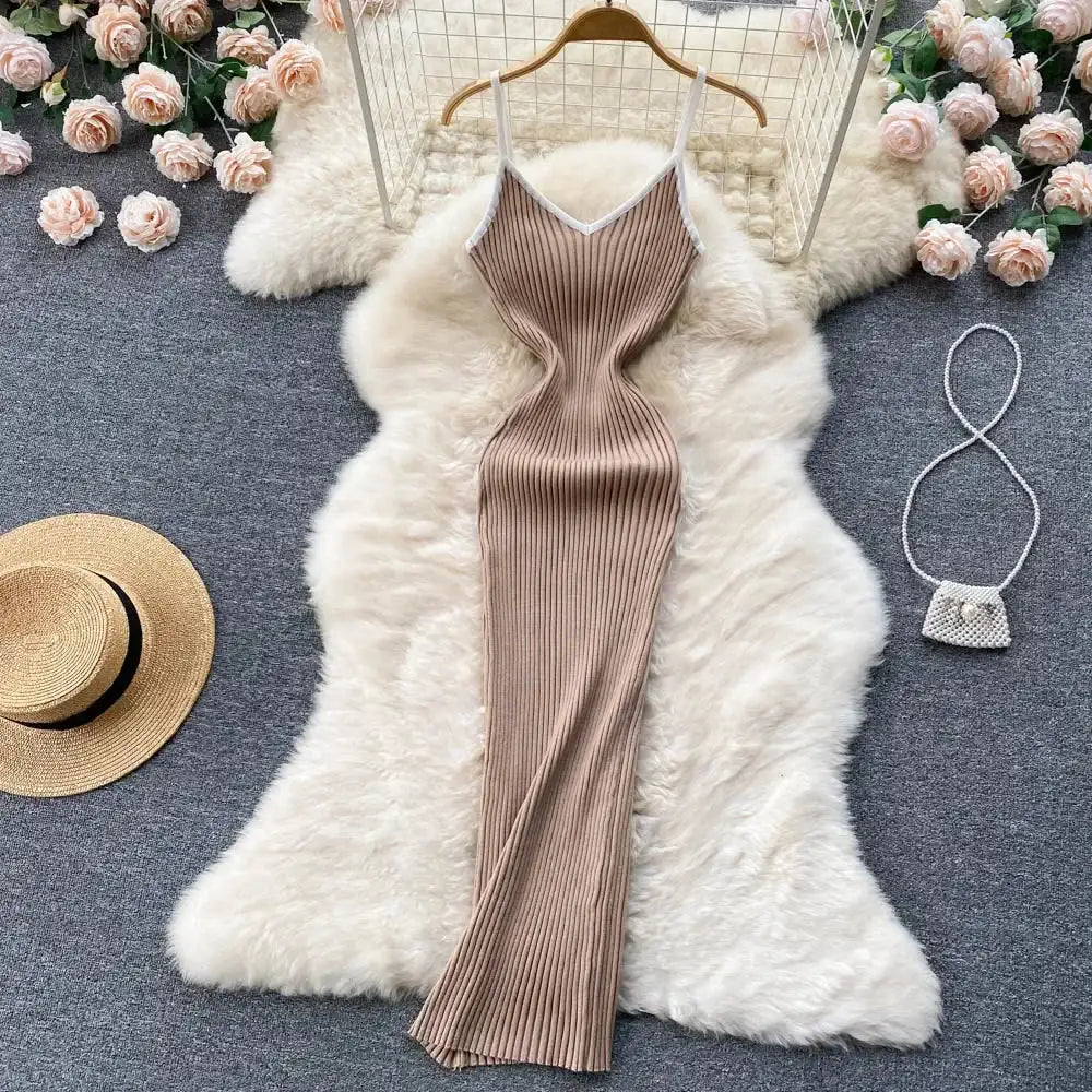 Summer V Neck Knit Sexy Strap Dress Women Elatic Waist Bodycon Sundress Female Beach Backless Maxi Long Dress - Lootquake