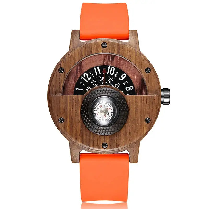Natural Wood Watch Men Turntable Compass Dial Real Walnut Ebony Bamboo Wooden Watches Male Brown Concept Clock Quartz Wristwatch - Lootquake