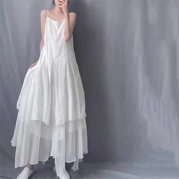 2024 Cotton Linen Women's Summer New Dress Artistic Range Medium Long Dress Sleeveless Tank Irregular Large Flounce - Lootquake