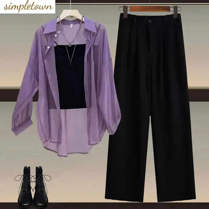 Summer Set Women's 2024 New Style Wear Sunscreen Chiffon Shirt with Slimming Slimming Suit Pants Three Piece Set - Lootquake