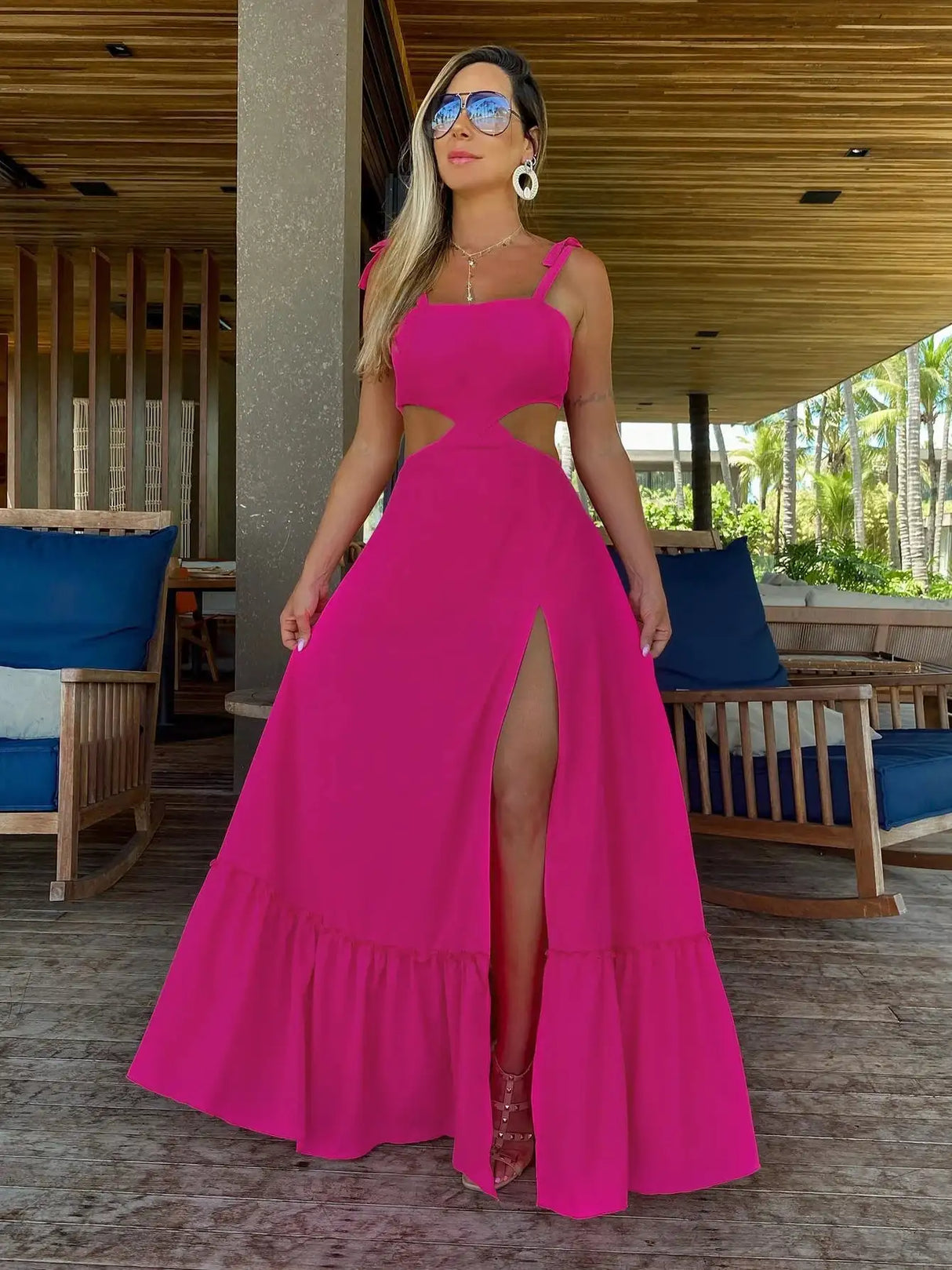 2024 Fashion New Women's Sexy Vacation Dress Solid Long Dress Cut Out Exposed Waist High Slit Suspender Long Skirt - Lootquake