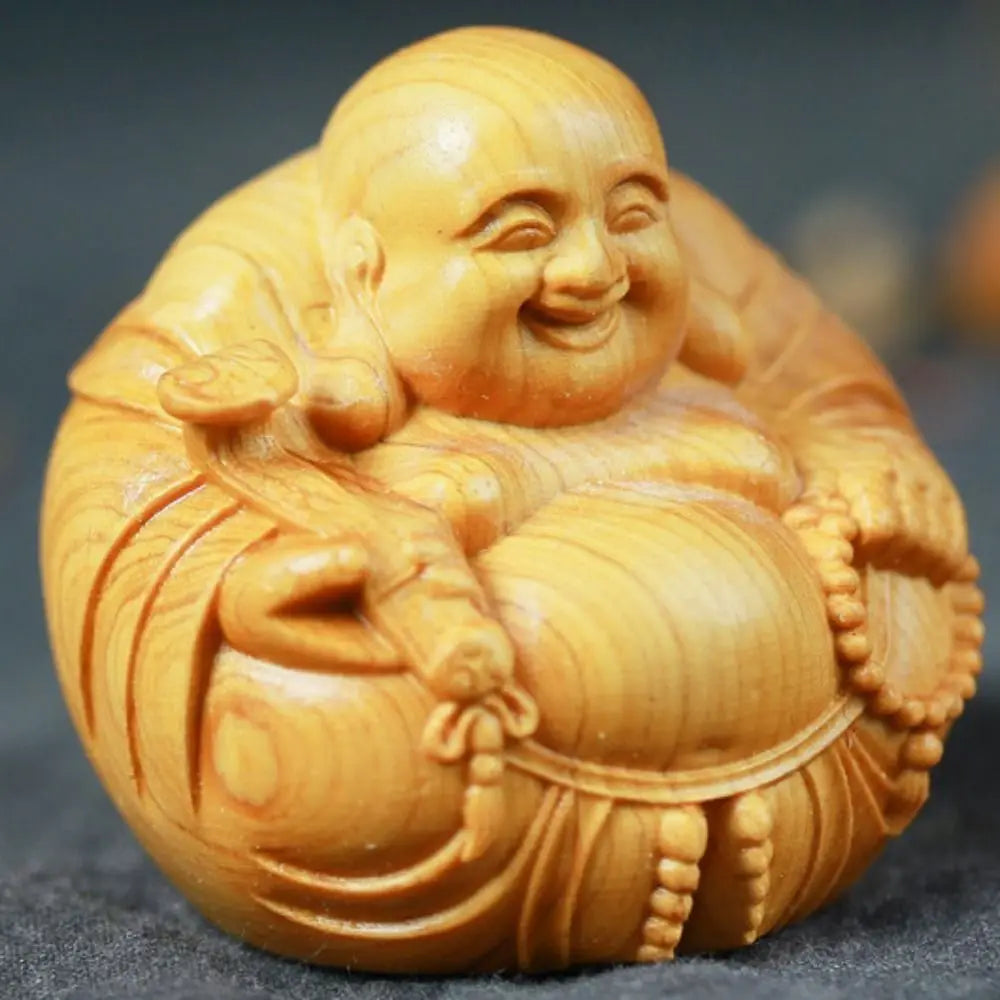Home Decor Woodcarving Laughing Buddha Maitreya Sculpture Miniature Wooden Buddha Statue Craft Mini Handmade Statue Table Top