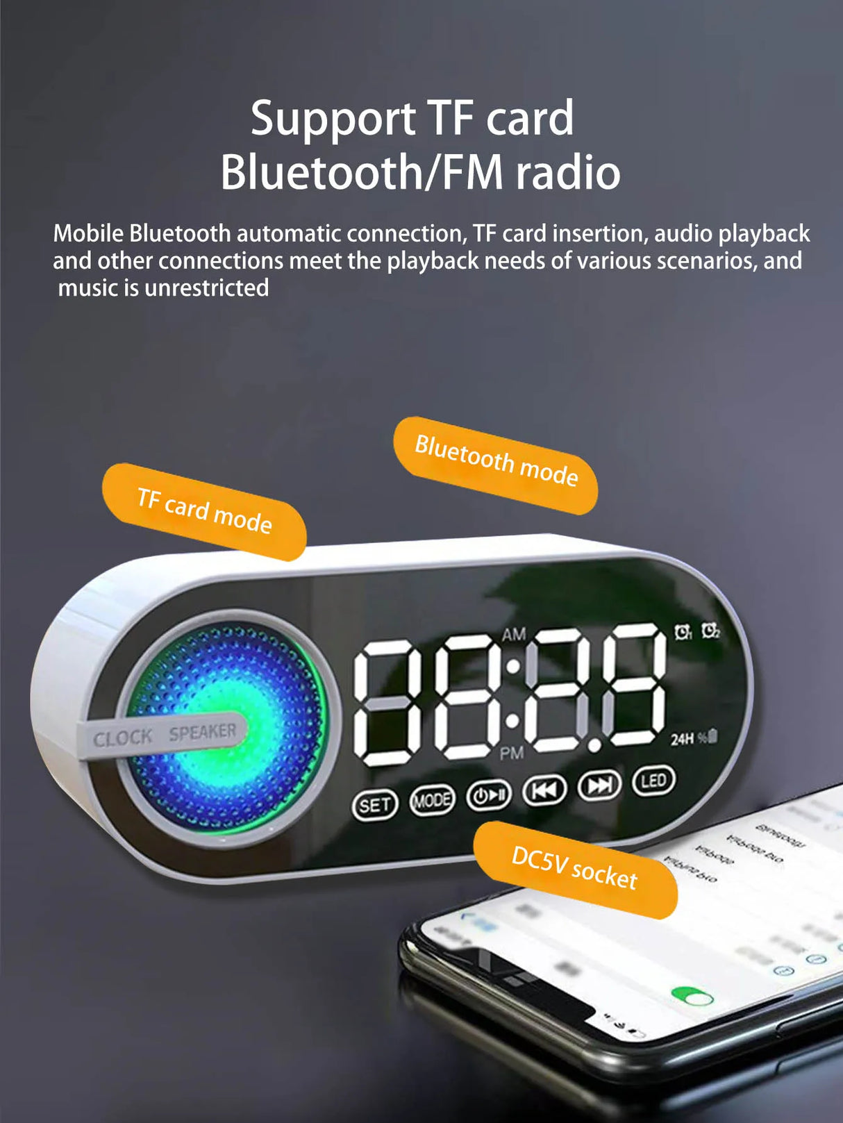 Haut-parleur Bluetooth sans fil, mini design avec de multiples fonctions comme une horloge, le caisson de basses version extérieure est puissant