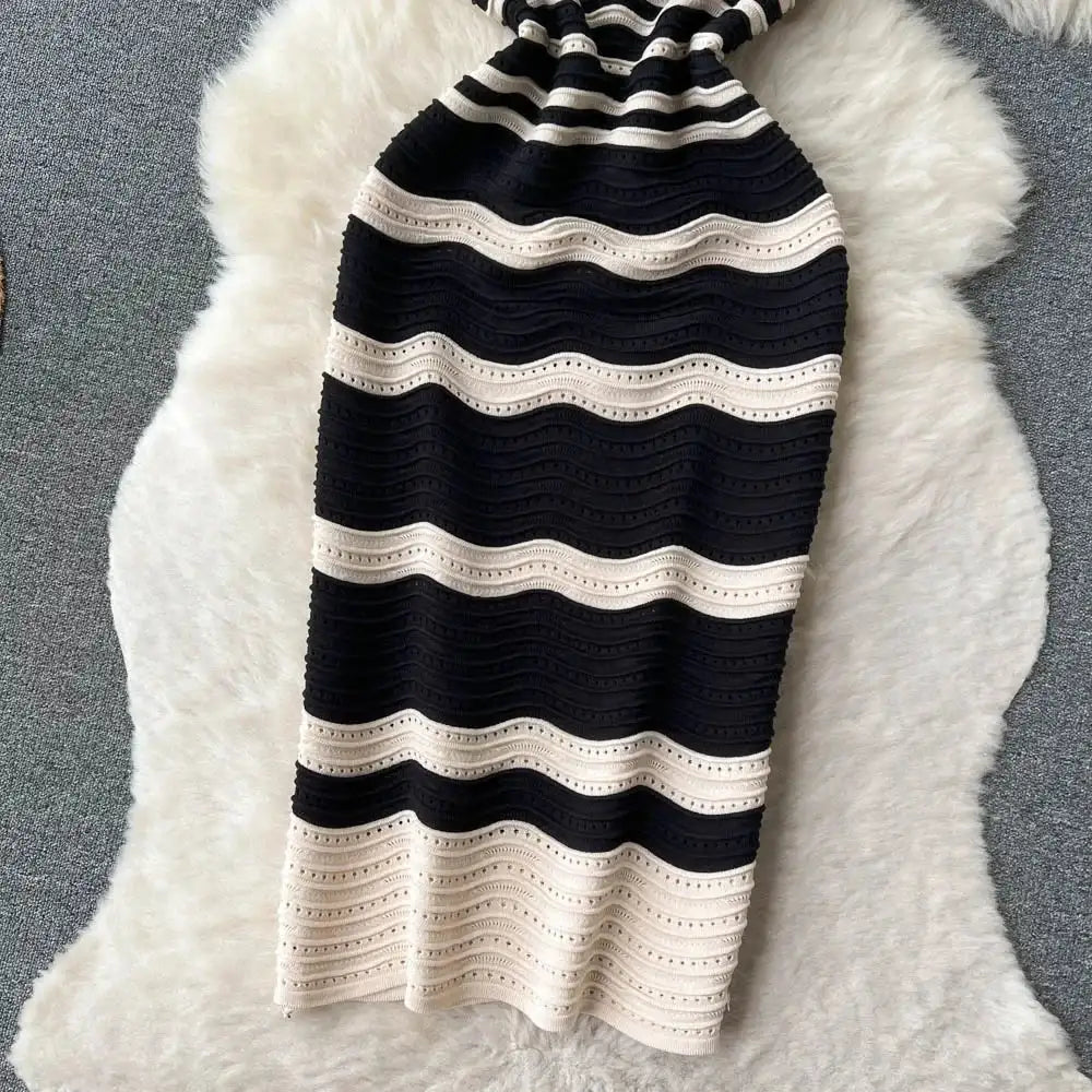 Short Sleeves Striped Long Dress Lapel Neck Hollow Out Slim Bodycon Sundress Fashion Hotsweet Knitted Beach Midi Dress - Lootquake