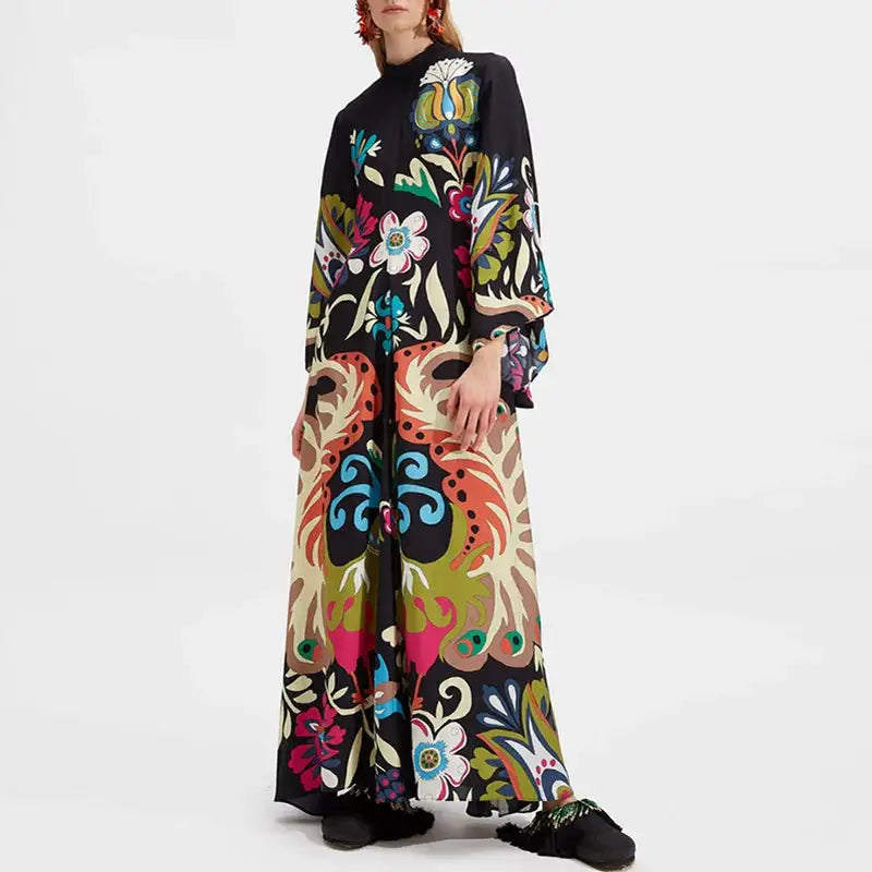 Ethnic Retro Spring Print Boho Long Dress Women Sexy Stand Collar Lace-up Party Dress Fall Long Sleeve Loose Ladies Maxi Dresses - Lootquake