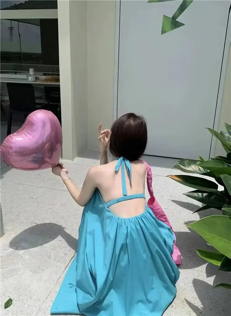 Summer Vacation Dress Thailand Style Open-back Halter Neck Age-reducing Photography Beach Long Dress Belted - Lootquake