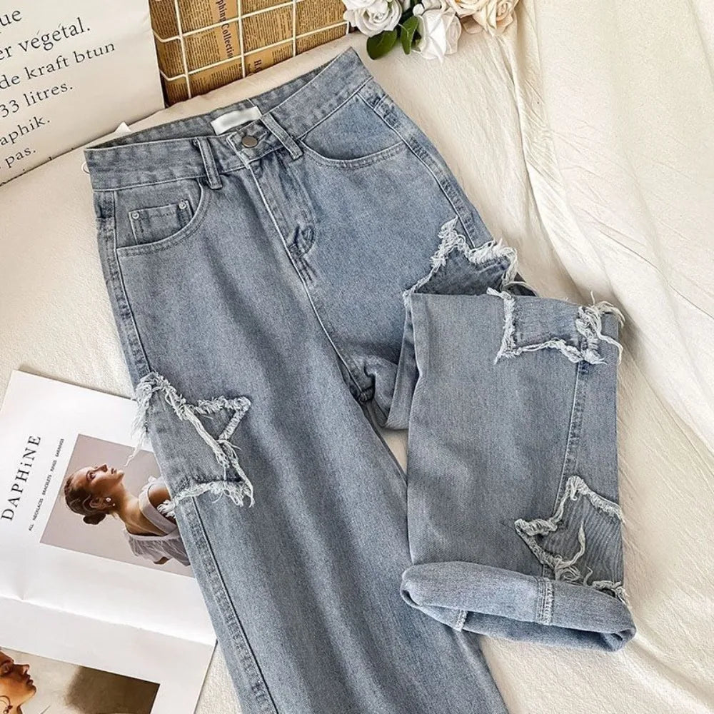 Denim Popular Ins Fashion Korean WIth Star Spring Autumn New High Waist Straight Leg Loose Fitting Jeans - Lootquake