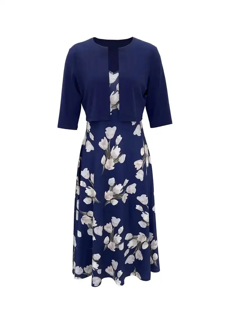 2024 European and American Autumn New Women's Long Dress Two Piece Flower and Grass Print Round Neck Dress Coat Women - Lootquake