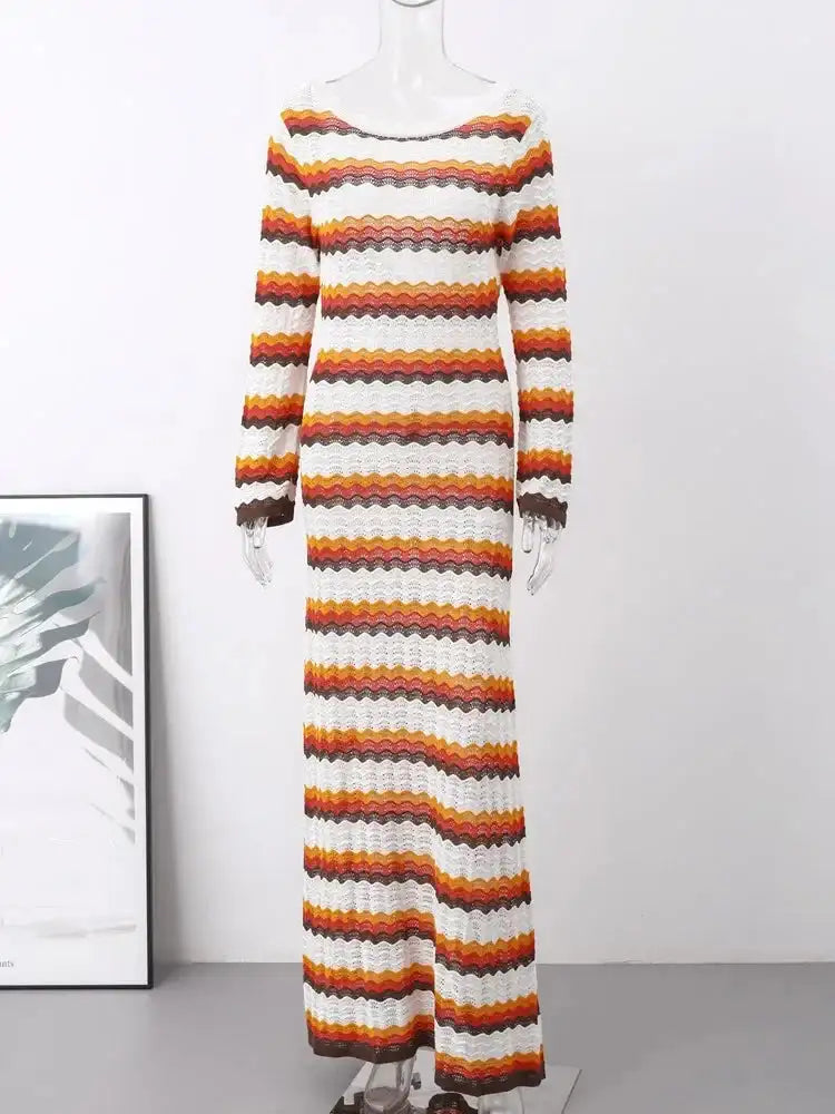 Striped Knitted Long Dress Women O-neck Backless Hollowed Out Long Sleeves Lady Bodycon Dress 2024 Spring Summer Vacation Robe - Lootquake