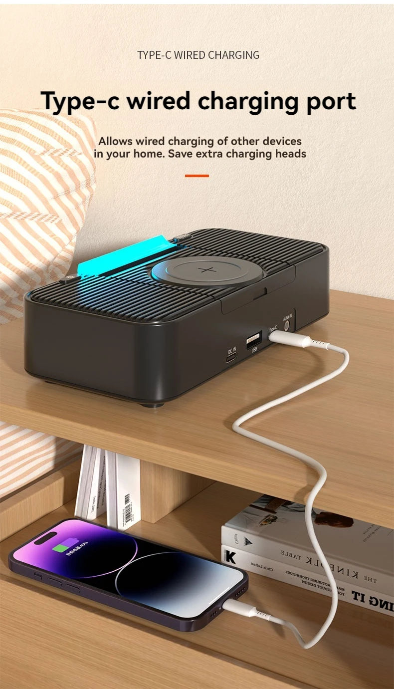 Altavoz Bluetooth portátil con carga inalámbrica, luz ambiental, reloj, función de alarma, altavoz doble, carga USB