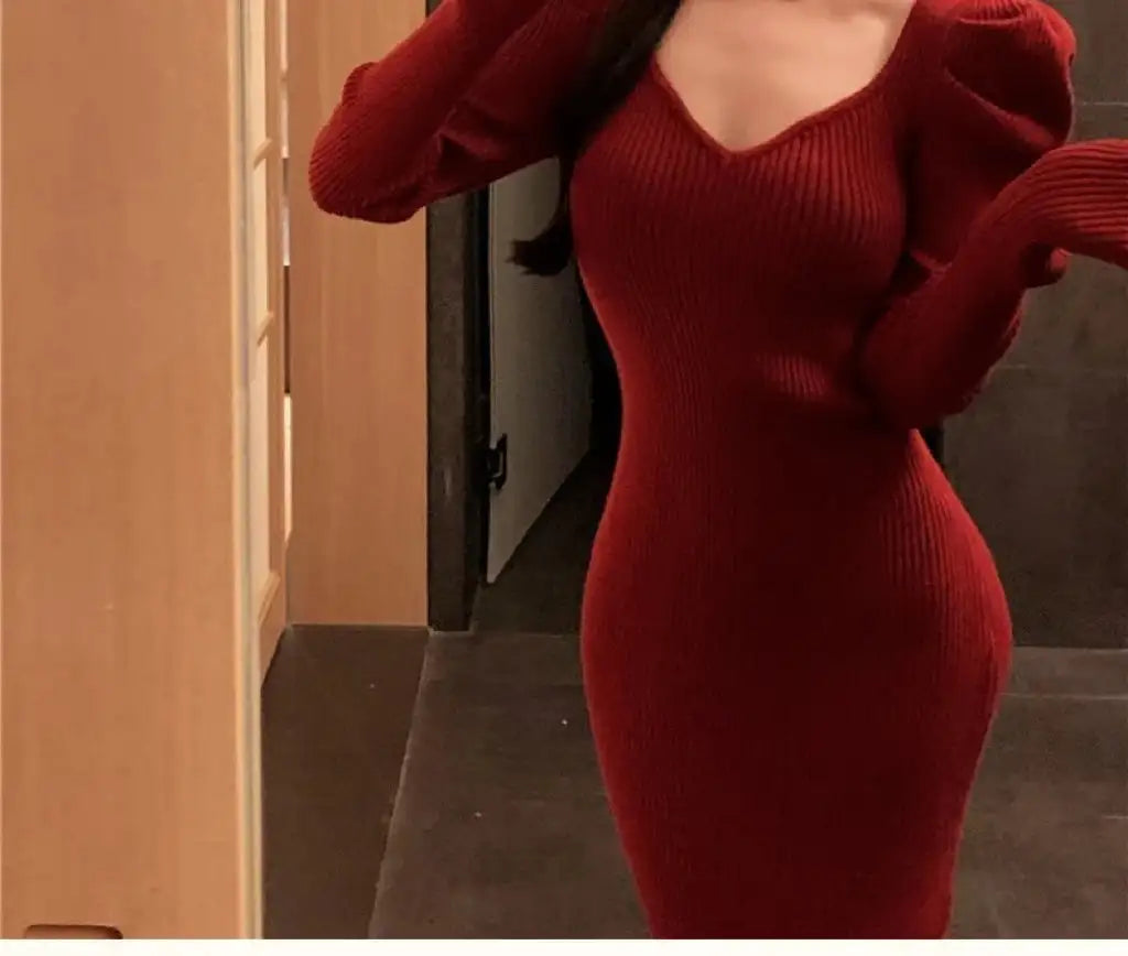 YuooMuoo Chic Fashion Elegant Knitted Long Dress with Neck Scarf 2024 Autumn Winter Ribbed Office Lady Bodycon Sweater Vestidos - Lootquake
