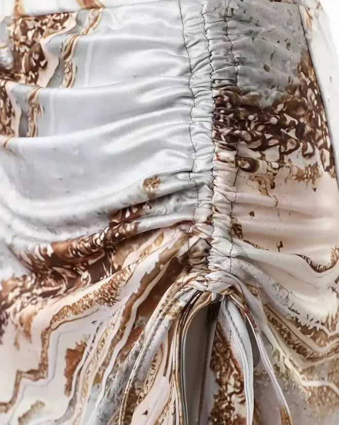 Elegant Two-Piece Women's Summer Dress Set with Ginkgo Print Strapless Short Top and Drawstring High Slit Casual Long Dress Set - Lootquake