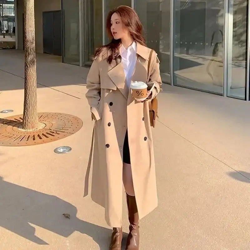 Streetwear Loose Trench Coat Midi Length Fashion Korean Elegant Khaki Black Women's Windbreaker Coat Casual Double Breasted Tops - Lootquake
