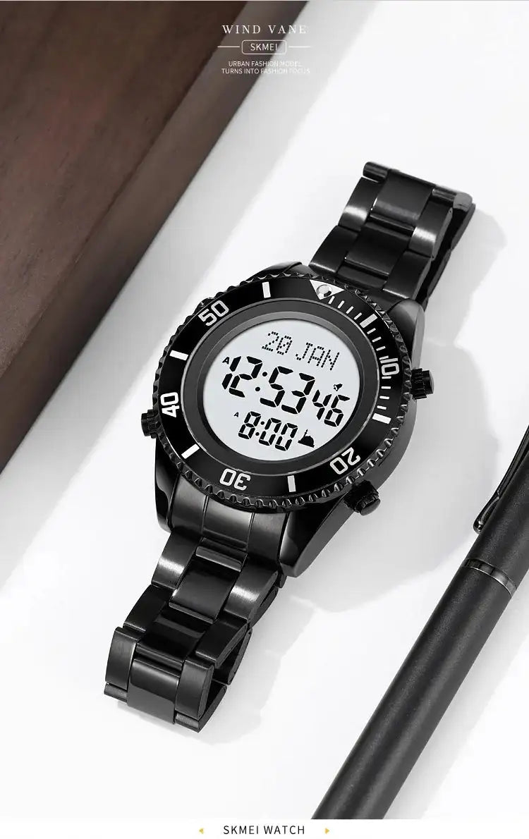 SKMEI 2141 Stainless Steel Digital Watche Muslim Azan Prayer Compass Clock Adhan Alarm Hijri Islamic Wristwatch with Back Light - Lootquake