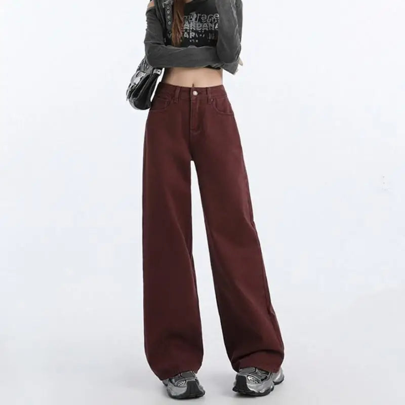 FINEWORDS Retro Angela Red Winter Jeans Women Thicken Cashmere High Waist Baggy Jeans Streetwear Casual Wide Leg Denim Pants - Lootquake
