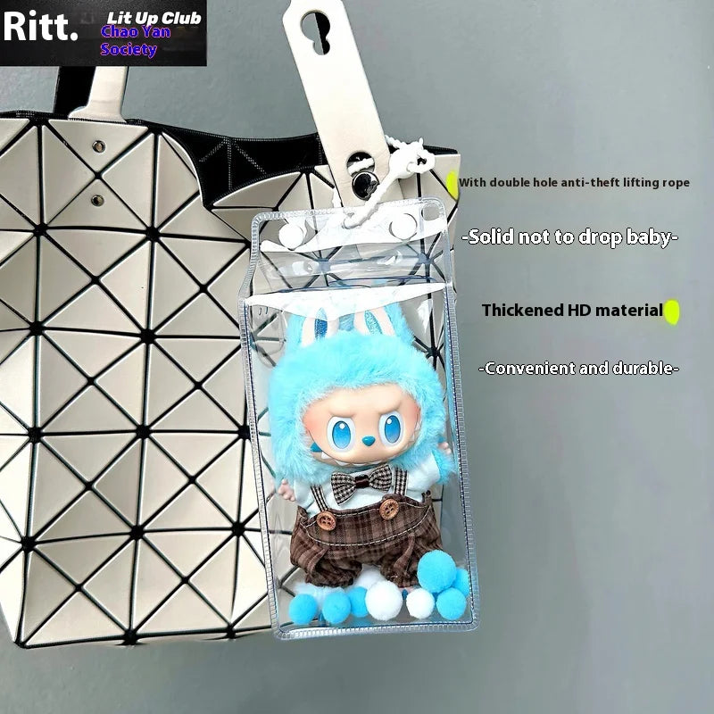 Sac de marche carré entièrement transparent Labubu, housse de protection pour posture assise Labubu, housse de protection pour sac d'affichage tendance