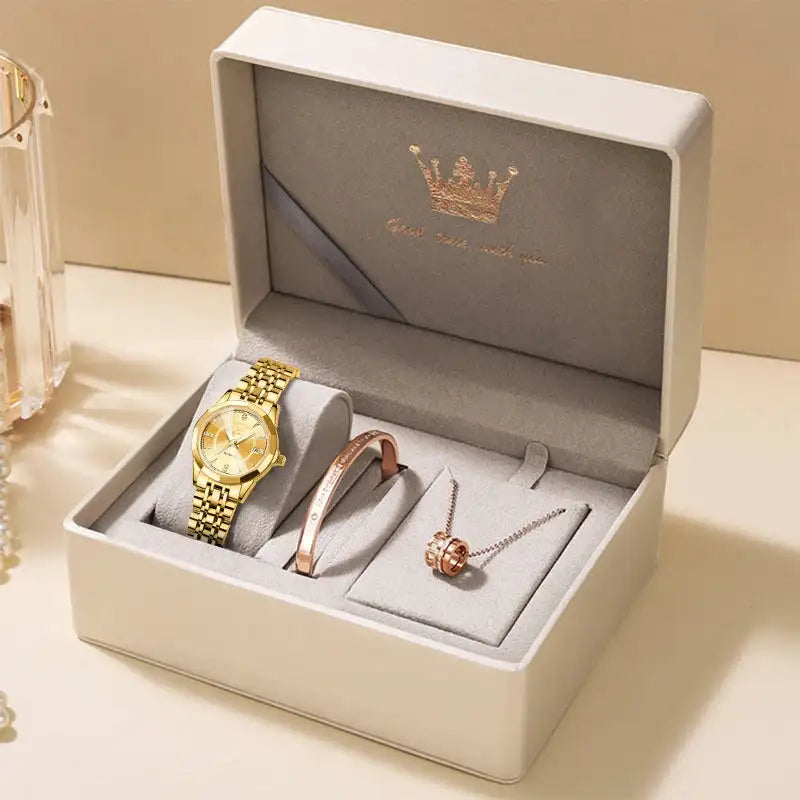 Relojes elegantes de marca original OLEVS para mujer, reloj de cuarzo luminoso resistente al agua para dama, collar, pulsera, caja de regalo, conjunto con calendario