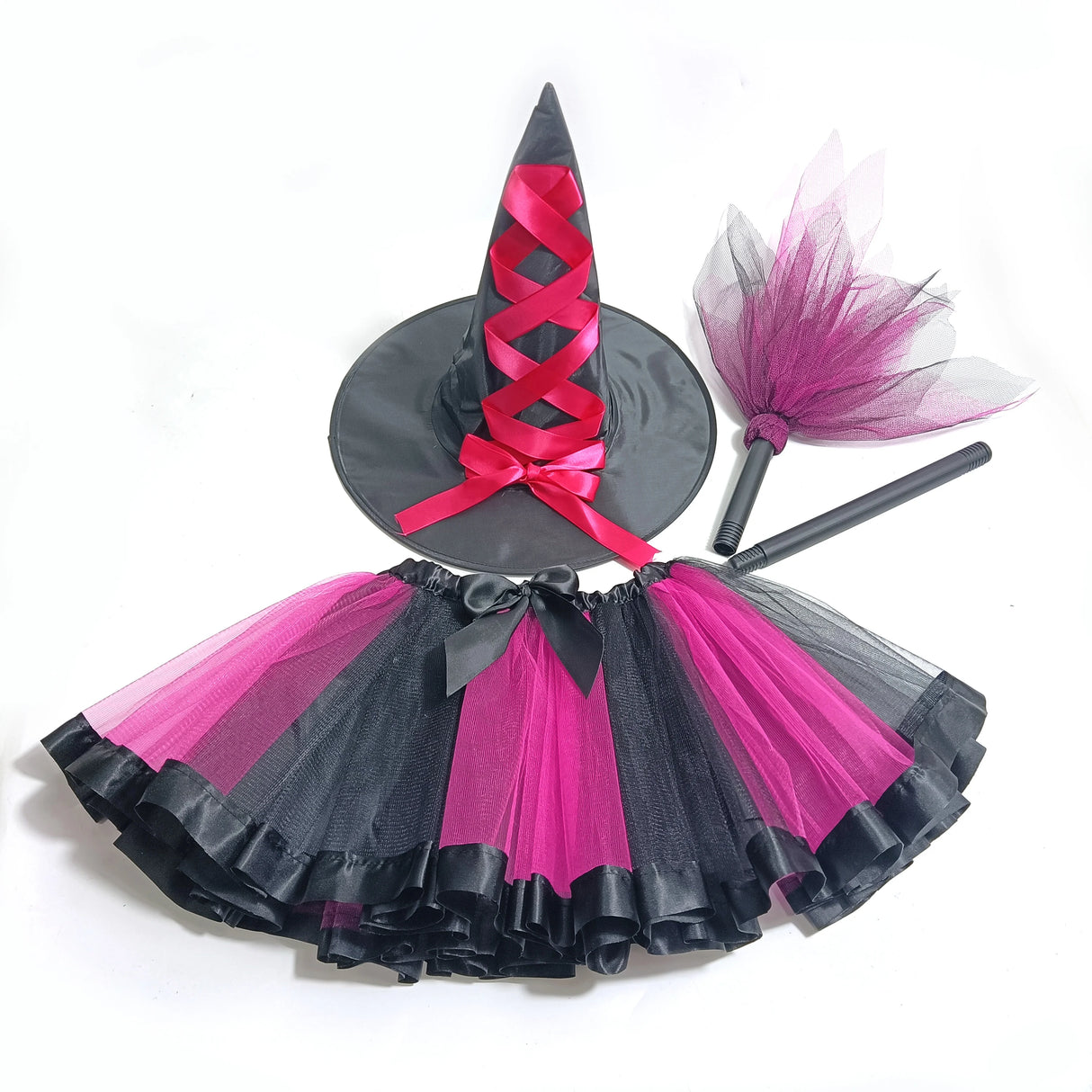 Girl's Halloween Witch Costume Set for Cosplay Parties Includes Breathable Soft Lining Skirt Broom Hat for Children