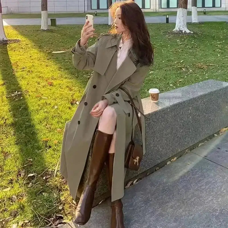 Streetwear Loose Trench Coat Midi Length Fashion Korean Elegant Khaki Black Women's Windbreaker Coat Casual Double Breasted Tops - Lootquake