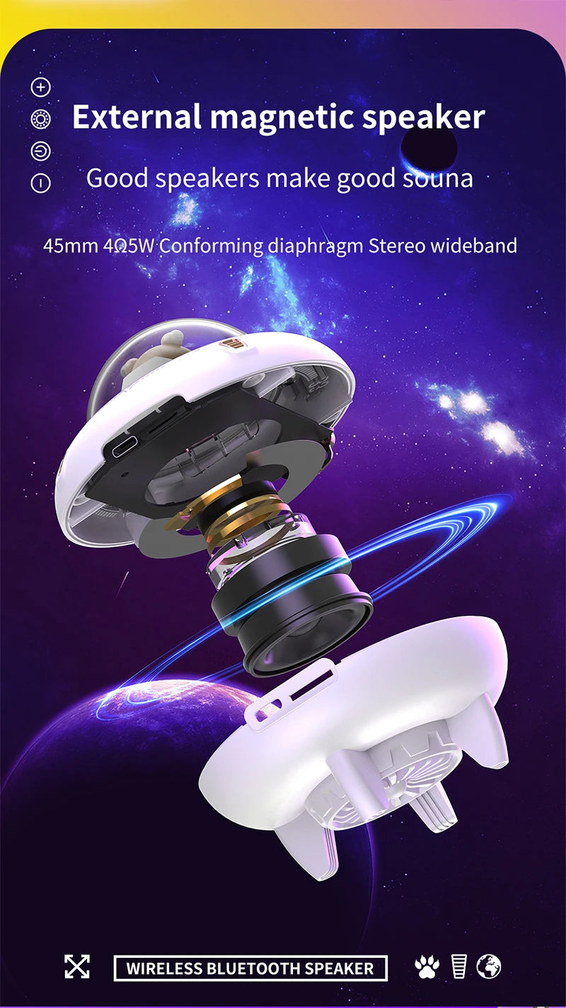 Mini haut-parleur portable Bluetooth avec éclairage LED RGB, design OVNI, vaisseau spatial, haut-parleur sans fil, idéal comme cadeau, compatible TF