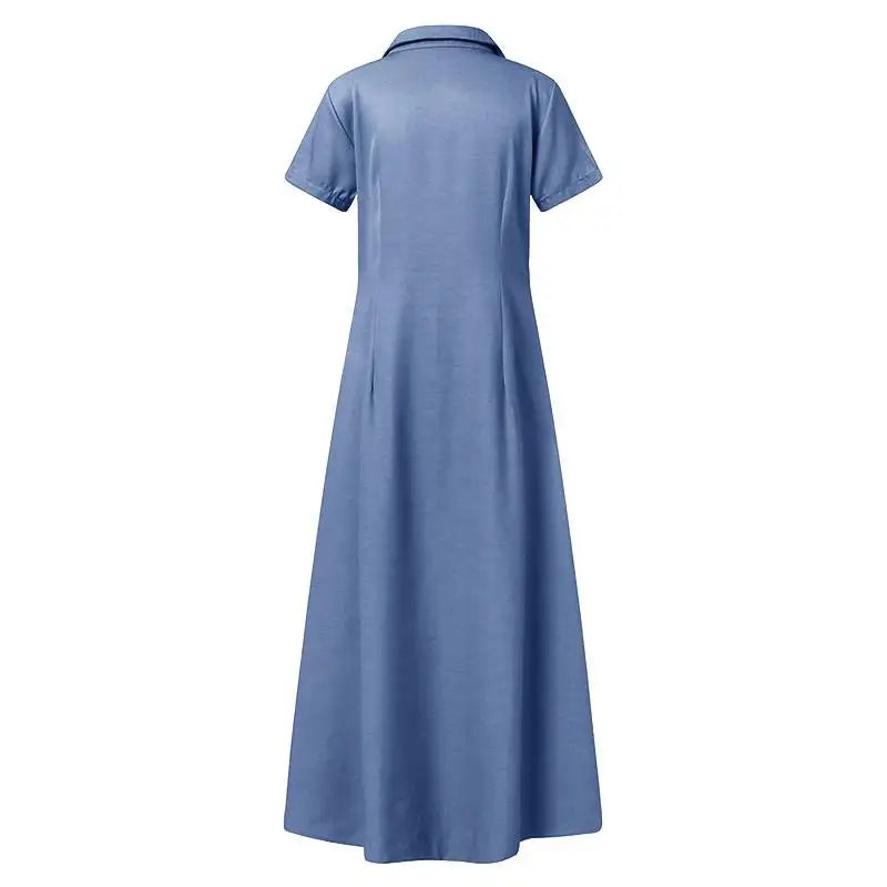2023 Fashion New Long Dress Shirt Neck Pocket Large Swing Dress Casual Elegant Temperament Single Breasted Denim Dress - Lootquake
