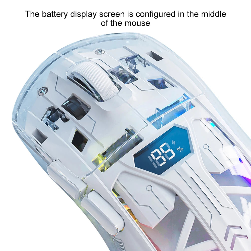 Souris de jeu sans fil transparente 2,4 GHz + BT5.0, affichage numérique, connexion multi-appareils, 5 niveaux de DPI pour ordinateur portable/téléphone/PC