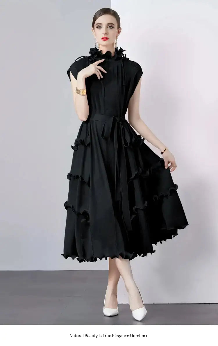 Miyake Pleated Shoulder Bag Heavy Industry Wood Ear Edge Pleated Lace-up Belt Long Dress Stand Collar Plus Size Women's Clothing - Lootquake