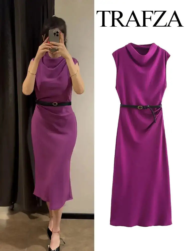 TRAFZA Women's Autumn New Fashion Versatile Belted Midi Slim Long Dress Female Elegant High Street Sleeveless Casual Dress Mujer - Lootquake