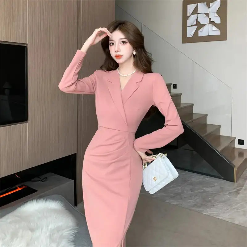 Women Pink Pleated Bodycon Formal Long Dress Autumn Winter Long Sleeve Chic Suit Dress 2025 Korean Fashion Elegant Party Dresses - Lootquake