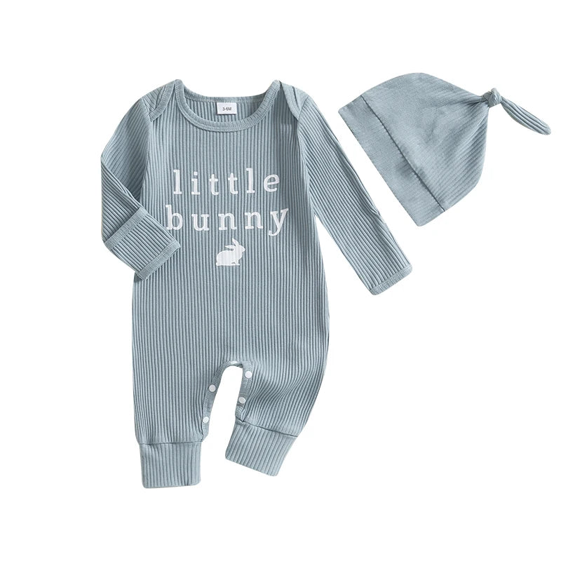 Adorable Easter Bunny Print Romper with Matching Hat for Baby s First Easter Celebration - Long Sleeve Round Neck Jumpsuit - Lootquake