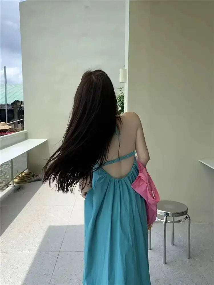 Summer Vacation Dress Thailand Style Open-back Halter Neck Age-reducing Photography Beach Long Dress Belted - Lootquake