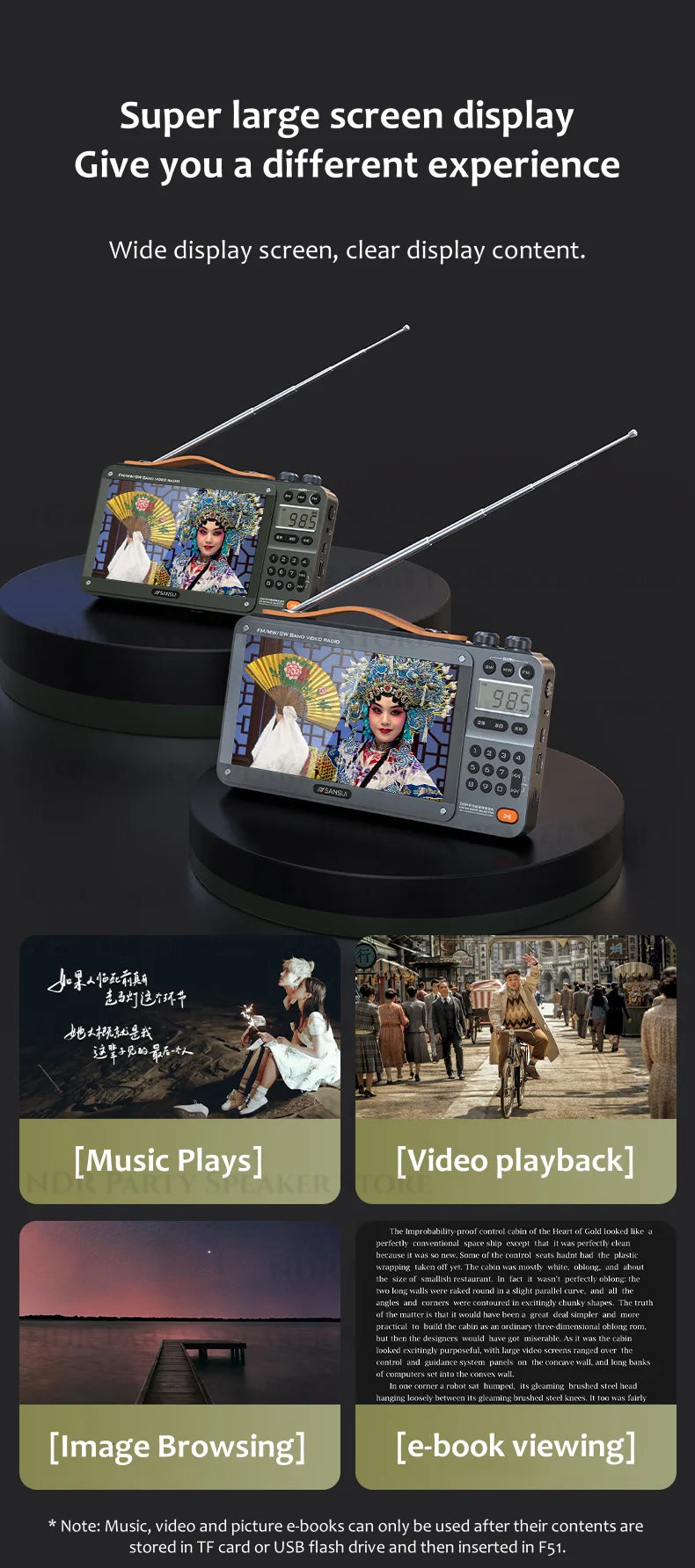 Enceintes Bluetooth sans fil SANSUI, radio pleine bande, lecteur vidéo LED HD, baladeur MP4 portable, batterie rechargeable intégrée