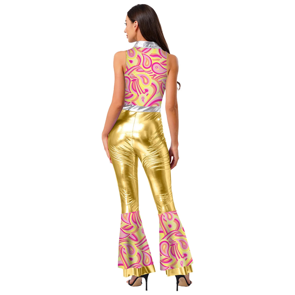 Womens Halloween Retro Hippie Cosplay Costume Party Hip-hop Dance Costume Metallic Shiny Vintage Carnival Bodysuit Jumpsuit