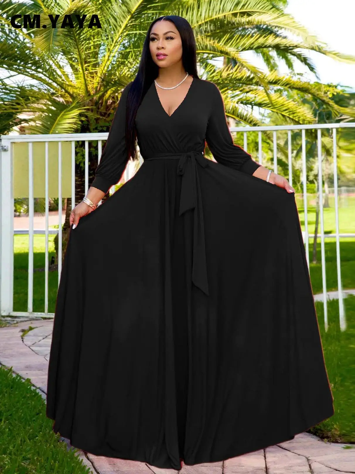 CM.YAYA Elegant Women Wraped V-neck Long Sleeve with Sashes Maxi Long Dress Chic INS Sexy Party Prom Big Swing Pink Dresses - Lootquake