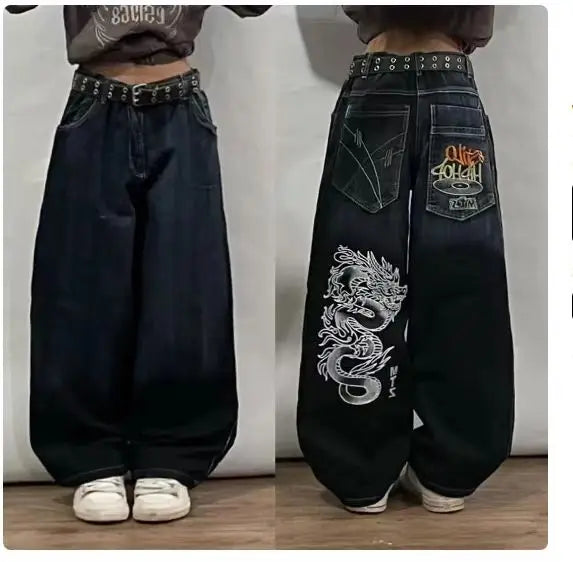 2023 New American Harajuku retro skull print straight high waist Y2K women's washed grey jeans Streetwear Gothic wide trousers - Lootquake