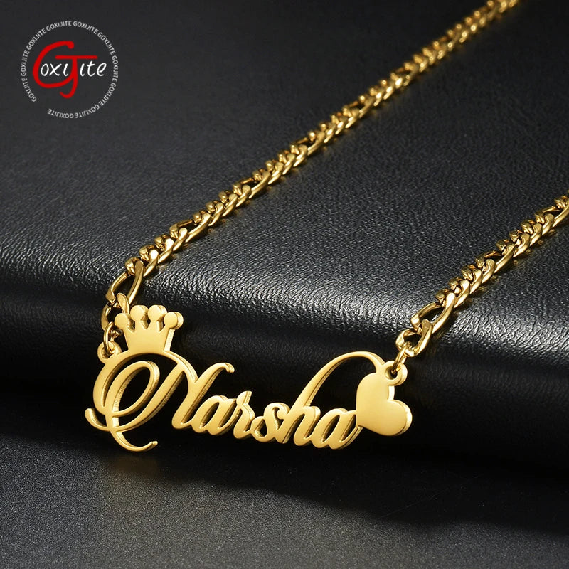 Goxijite Custom Name Collar Customized Crown Heart Nameplate Charm Necklaces Figaro Chain Stainless Steel Women Jewelry Gift - Lootquake