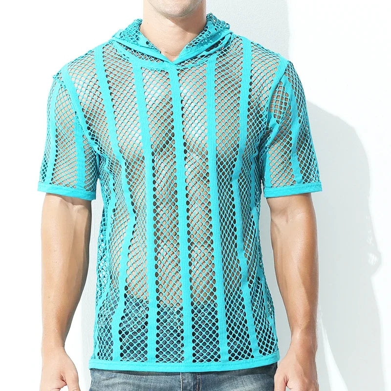 Men Mesh Shirt Transparent Long Sleeve Men Clothing Sexy Solid Party Nightclub Hooded Tops - Lootquake