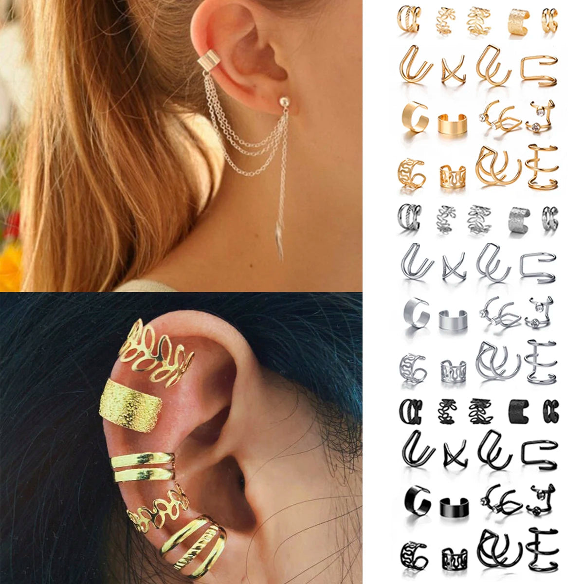 LATS Gold Color Leaves Ear Cuffs, Black Non-Piercing Ear Clip Earrings for Women & Men - Lootquake