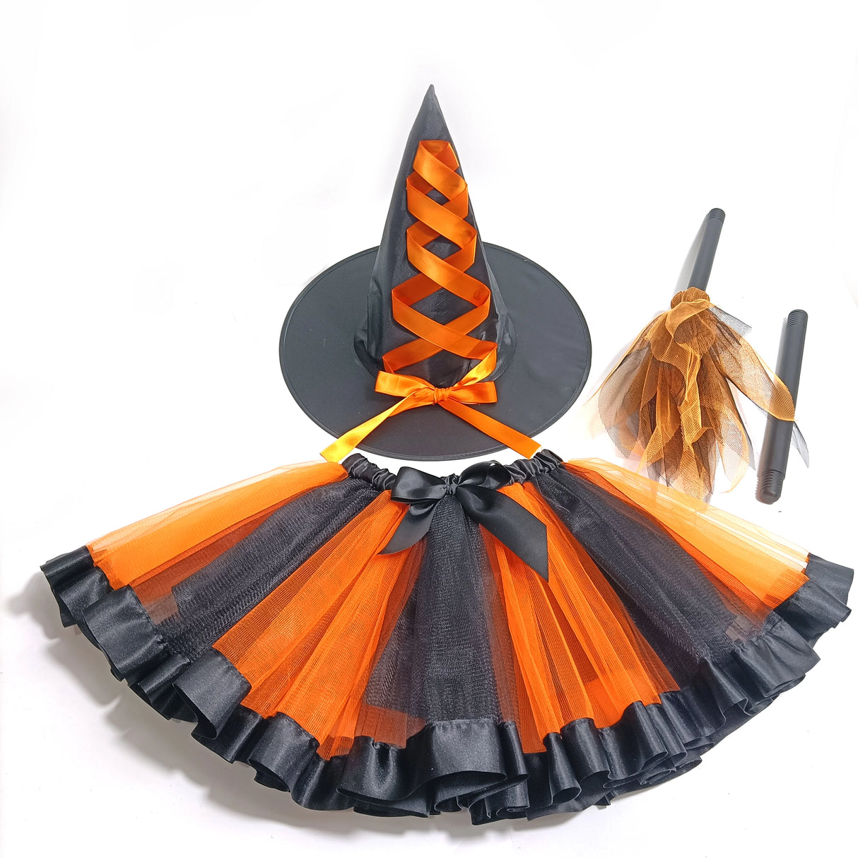 Girl's Halloween Witch Costume Set for Cosplay Parties Includes Breathable Soft Lining Skirt Broom Hat for Children