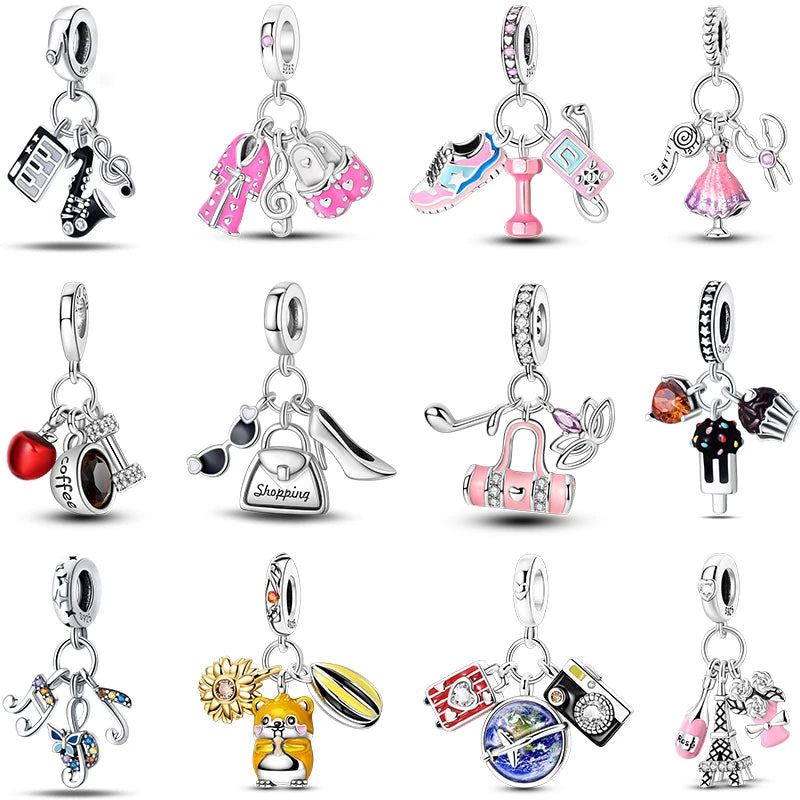 S925 Sterling Silver Princess Golf Hamster Camera Travel Three Piece Set Charms Beads 3mm DIY Fine Jewelry Making - Lootquake