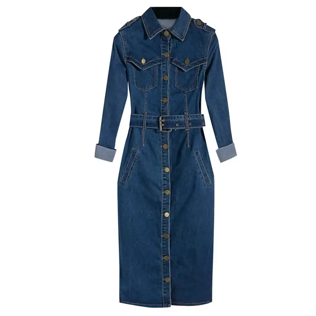 Vintage Button Up Jeans Dress Women Blue Lapel Denim Vestidos Winter Office Slim Long Sleeve Mid-Cuff Denim with Belt Long Dress - Lootquake