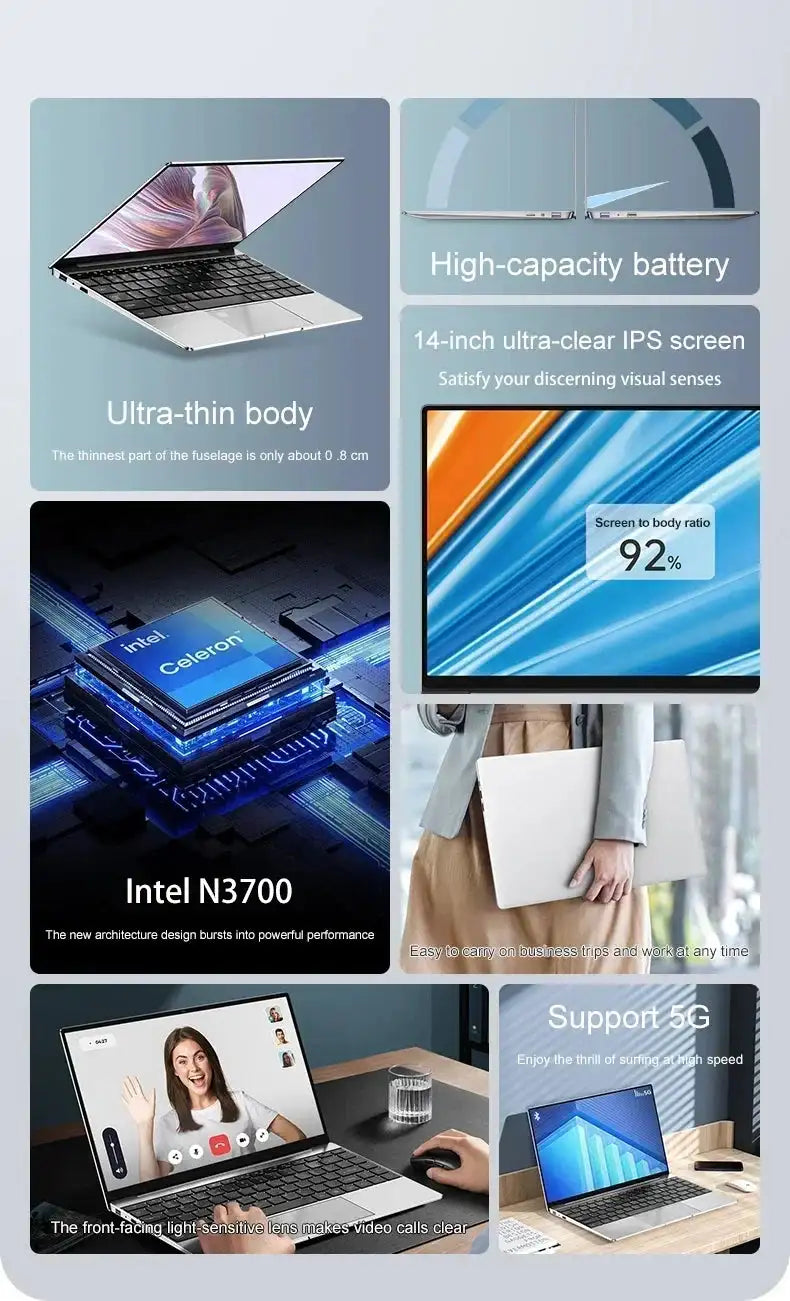 Ultra Slim 14.1" Laptop 16GB RAM 2TB SSD Intel N3700 Notebook Gamer Windows 11 Pro 1920*1080 Display Office Study Computer PC - Lootquake