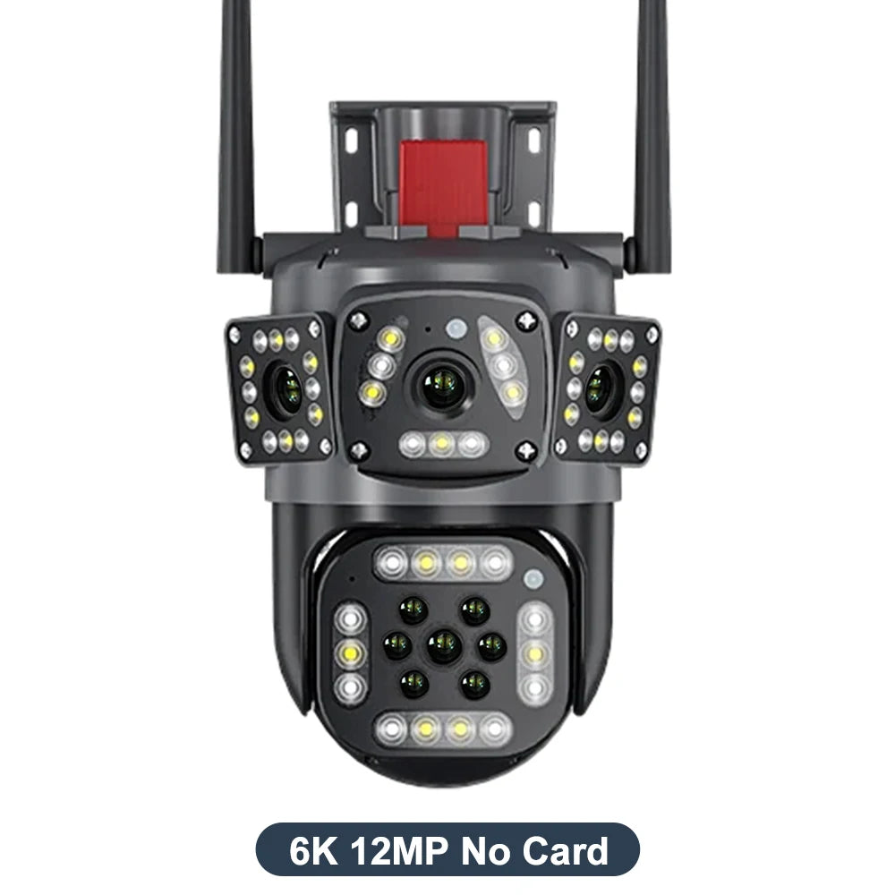 Caméra de surveillance extérieure WiFi 6K 12MP avec suivi de mouvement et zoom PTZ, trois écrans, vue à 360°
