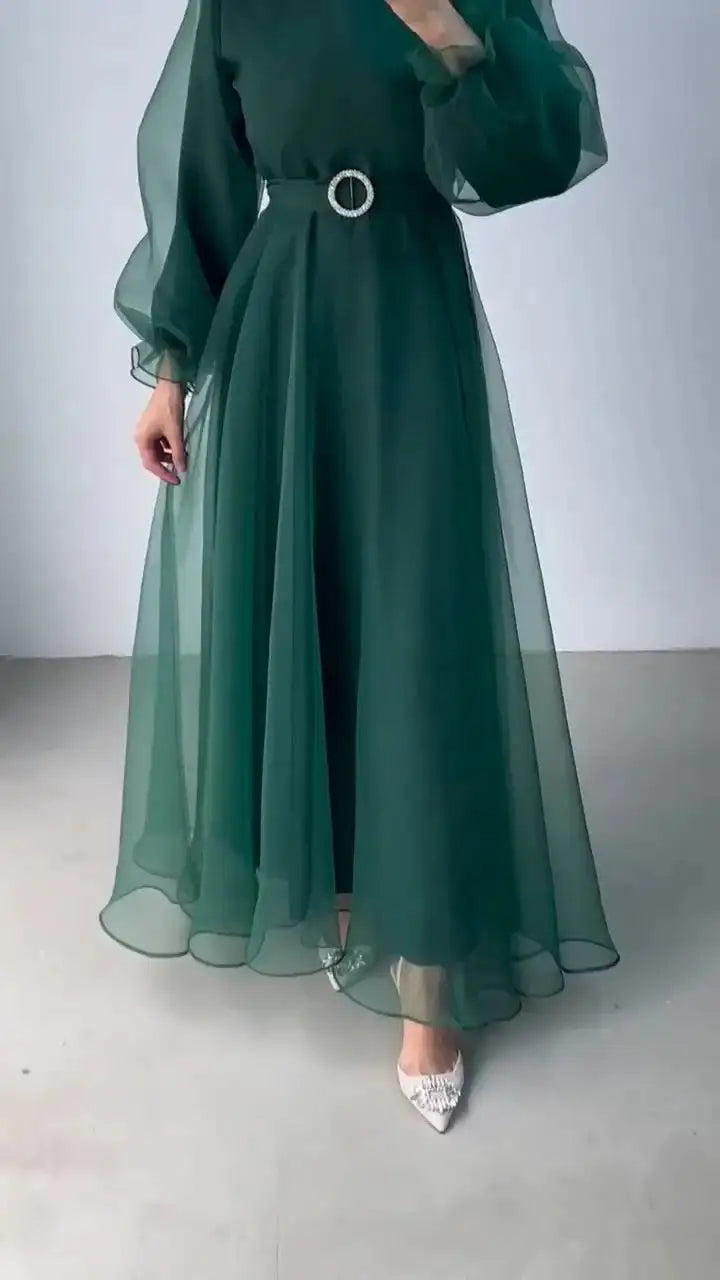 Spring Elegant Mesh Dress Muslim Women Fashion Solid High Waist Mesh Lantern Sleeves Long Dress Women - Lootquake
