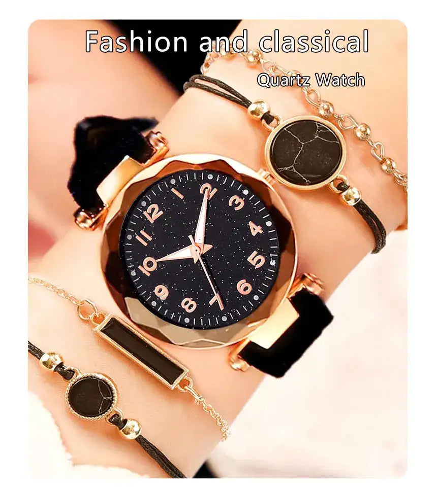 5pcs Set Womens Watches Set Ladies Fashion Watch Black Female New Simple Casual Womens Analog WristWatch Bracelet Gift No Box - Lootquake