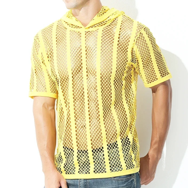 Men Mesh Shirt Transparent Long Sleeve Men Clothing Sexy Solid Party Nightclub Hooded Tops - Lootquake