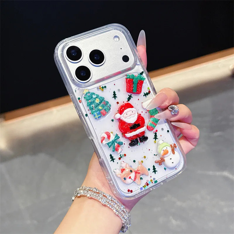 Funda para iPhone con purpurina y pegamento en forma de gota navideña con dibujos animados en 3D
